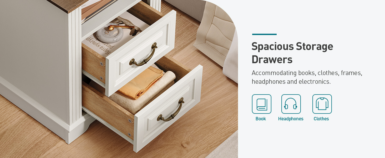 RALGEND Farmhouse End Table with 2 Drawers, Nightstand with Charging Station, End Tables Living Room with LED Lights, Bedside Table for Bedroom, Living Room, White and Walnut