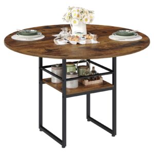 47.2-Inch Round Dining Table, Farmhouse-Style Wooden Kitchen Table with Double-Layer Storage, Space-Saving Circular Dinner Table with Metal Legs, Suitable for Dining Room, Living Room & Kitchen, Rustic Brown & Black Finish