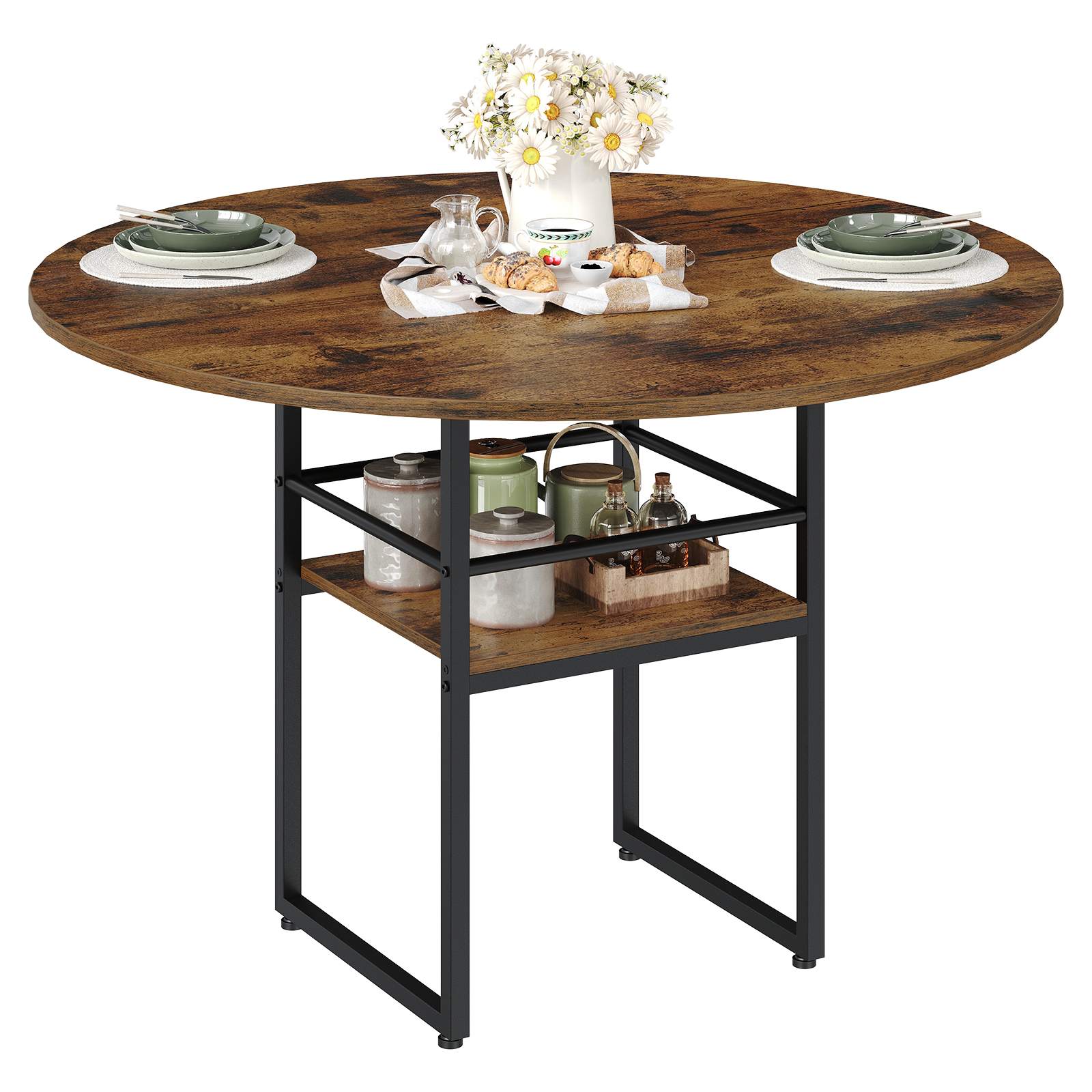 47.2-Inch Round Dining Table, Farmhouse-Style Wooden Kitchen Table with Double-Layer Storage, Space-Saving Circular Dinner Table with Metal Legs, Suitable for Dining Room, Living Room & Kitchen, Rustic Brown & Black Finish