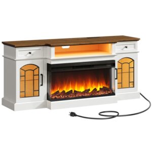 70'' Fireplace TV Stand with Charging Station for TVs Up to 80", 3-Sided Glass Farmhouse Entertainment Center with 36" Electric Fireplace & LED Lights, 2 Drawers & 2 Storage Cabinet, White and Walnut