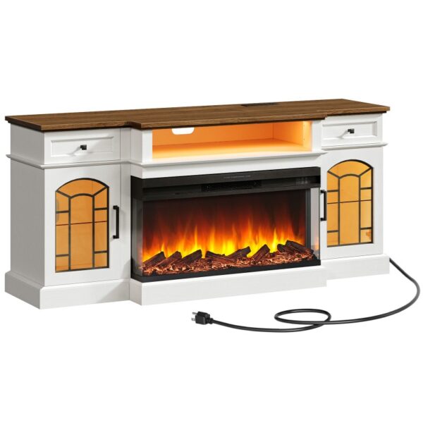 70'' Fireplace TV Stand with Charging Station for TVs Up to 80", 3-Sided Glass Farmhouse Entertainment Center with 36" Electric Fireplace & LED Lights, 2 Drawers & 2 Storage Cabinet, White and Walnut