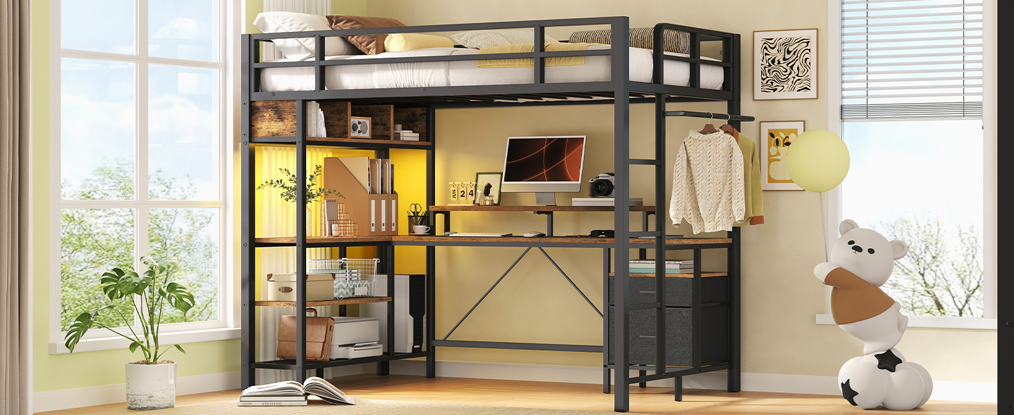 Rustic Brown Twin Size Metal Loft Bed with L-Shaped Desk, 2 Storage Drawers, Charging Station and LED Light, Equipped with Hanging Rod, Stairs and Safety Guardrail
