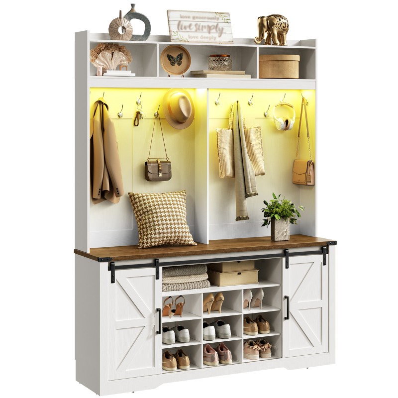 58" Farmhouse Hall Tree with Bench and Shoe Storage, 5-in-1 Entryway Bench with Coat Rack, 9 Shoe Cubbies & 12 Hooks, Led Lights and Adjustable Shelves & Barn Doors, Entryway Storage, White and Walnut