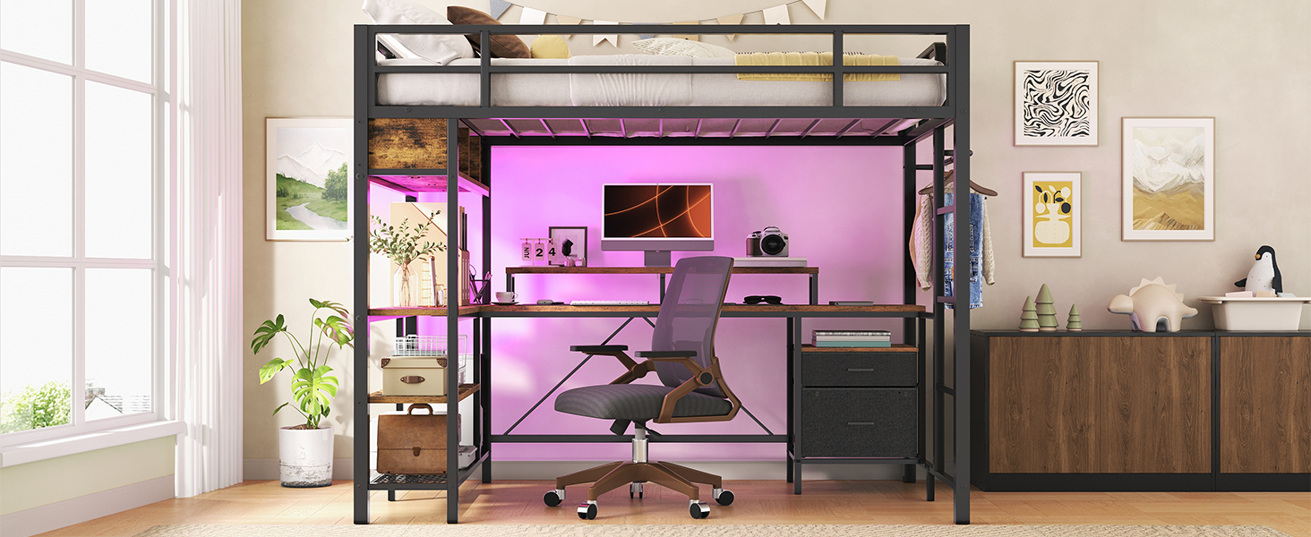 Rustic Brown Twin Size Metal Loft Bed with L-Shaped Desk, 2 Storage Drawers, Charging Station and LED Light, Equipped with Hanging Rod, Stairs and Safety Guardrail