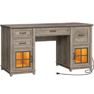 58" Farmhouse Executive Desk with Integrated Drawers, LED Lighting and Charging Station, Wooden Home Office Computer Desk Equipped with File Cabinet, Professional Writing & Workstation, White & Walnut