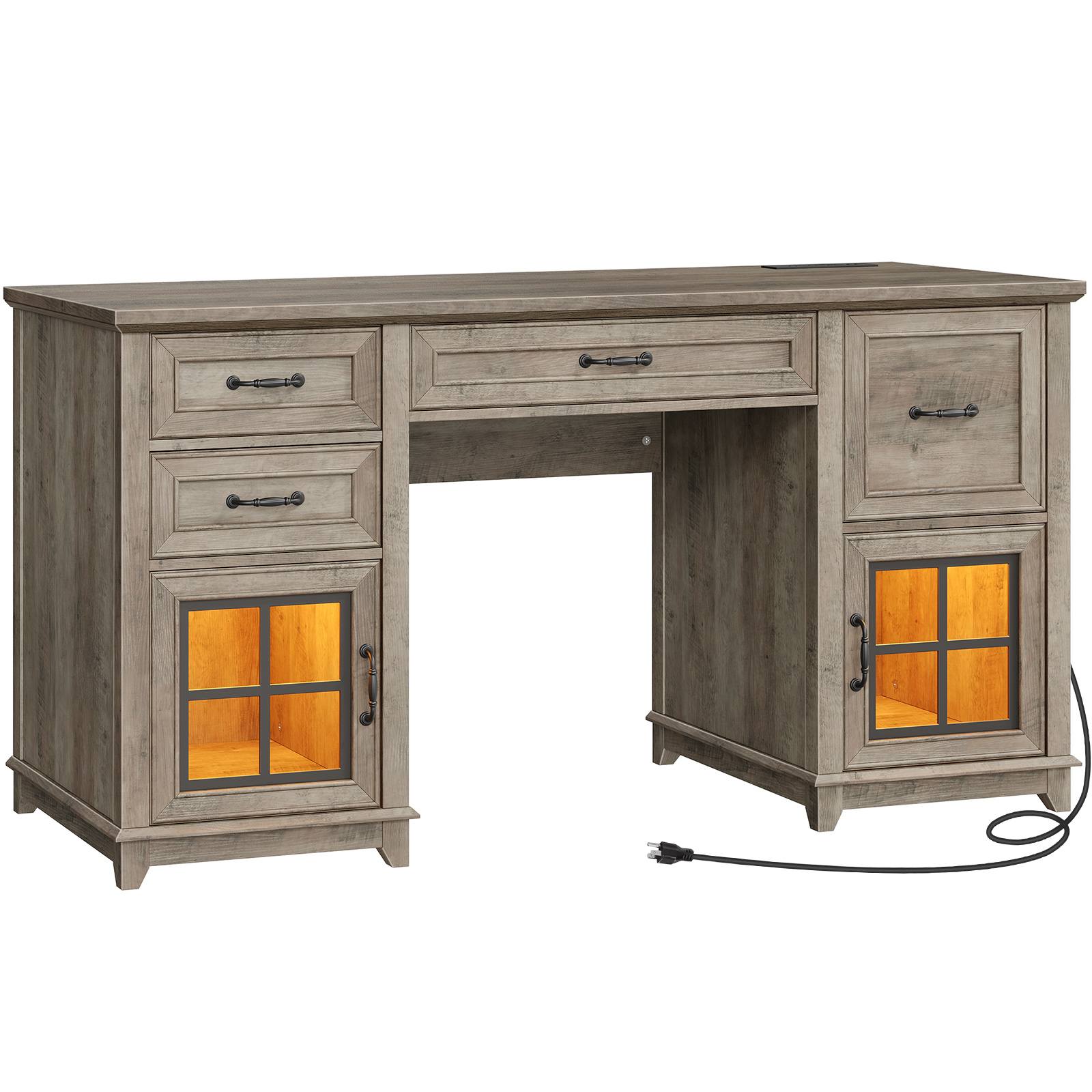 58" Farmhouse Executive Desk with Integrated Drawers, LED Lighting and Charging Station, Wooden Home Office Computer Desk Equipped with File Cabinet, Professional Writing & Workstation, White & Walnut