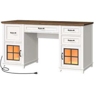 58" Farmhouse Executive Desk with Integrated Drawers, LED Lighting System and Charging Station, Wooden Home Office Computer Desk Equipped with File Cabinet, Professional Writing Workstation, Grey