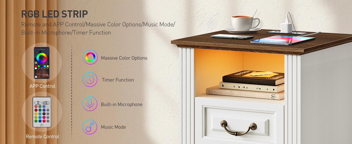 RALGEND Farmhouse End Table with 2 Drawers, Nightstand with Charging Station, End Tables Living Room with LED Lights, Bedside Table for Bedroom, Living Room, White and Walnut