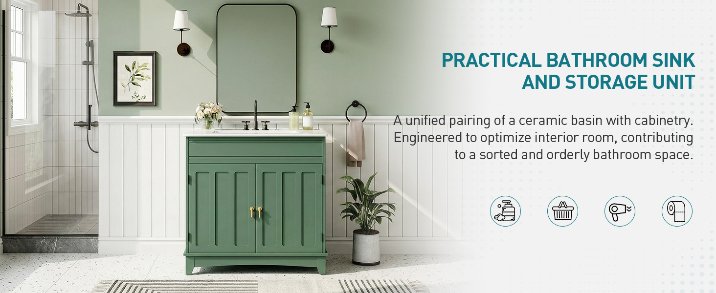 76cm Bathroom Vanity with Ceramic Sink, Green Storage Cabinet with Fluted Doors, Modern Farmhouse Floor-Standing Sink Cabinet with Door-Mounted Shelves