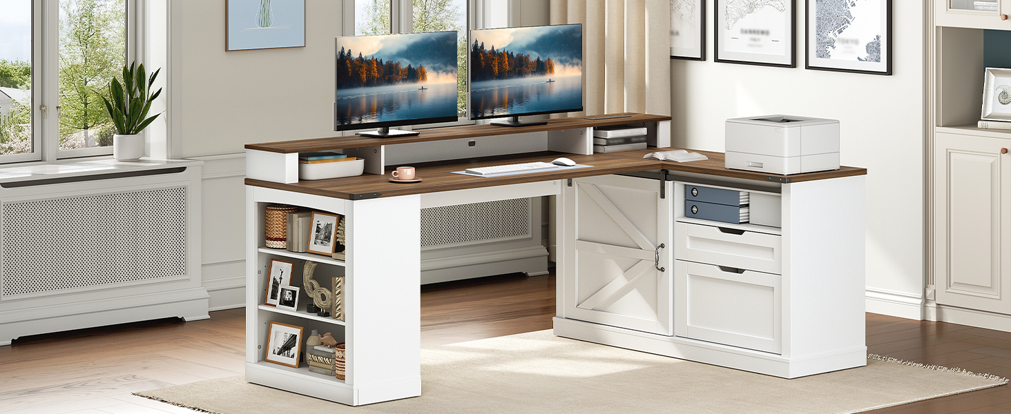 Farmhouse L-Shaped Executive Desk with Drawers, White & Walnut Corner Computer Desk with File Cabinet, Monitor Stand and Integrated Power Strip for Home Office and Study