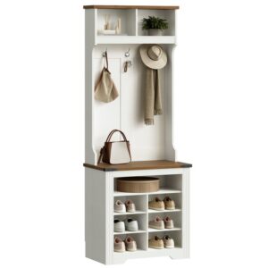 5-in-1 Entryway Hall Tree, Coat Rack with Shoe Cabinet, Entrance Organizer with Hooks and Compartment, Hall Tree with Shoe Storage Bench, Mudroom/Hallway Storage Cabinet, White and Walnut