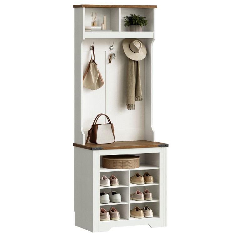 5-in-1 Entryway Hall Tree, Coat Rack with Shoe Cabinet, Entrance Organizer with Hooks and Compartment, Hall Tree with Shoe Storage Bench, Mudroom/Hallway Storage Cabinet, White and Walnut