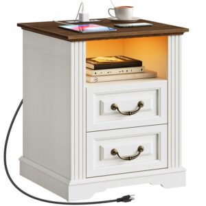 RALGEND Farmhouse End Table with 2 Drawers, Nightstand with Charging Station, End Tables Living Room with LED Lights, Bedside Table for Bedroom, Living Room, White and Walnut