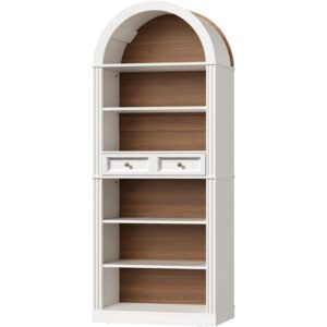 RALGEND Arched Bookshelf, 73" Tall Arch Bookcase with Drawers, 6-Tier Farmhouse Book Shelf, Wooden Bookshelf with Open Display Shelves for Living Room, Office, Adjustable Shelf, Walnut and White