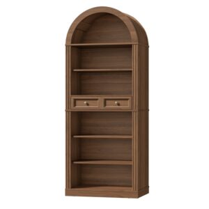 RALGEND Arched Bookshelf, 73" Tall Arch Bookcase with Drawers, 6-Tier Farmhouse Book Shelf, Wooden Bookshelf with Open Display Shelves for Living Room, Office, Adjustable Shelf, Walnut