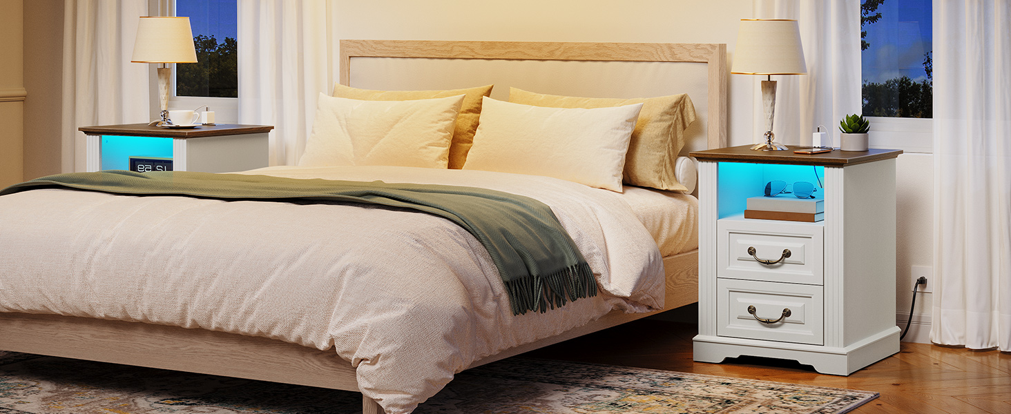 RALGEND Farmhouse End Table with 2 Drawers, Nightstand with Charging Station, End Tables Living Room with LED Lights, Bedside Table for Bedroom, Living Room, White and Walnut