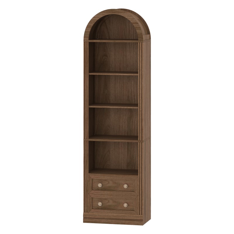 RALGEND Tall Narrow Bookshelf, Arched Bookshelf with 2 Drawers, 7-Tier Farmhouse Arch Bookcase, Wooden Book Shelf with Open Display Shelves for for Office, Living Room, Kitchen, Walnut
