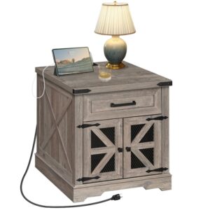 Farmhouse End Table with Charging Station, 24" Large Sofa Side Table with Drawer, Large End Table for Living Room, Wooden Nightstand with Outlet, Square, Greige
