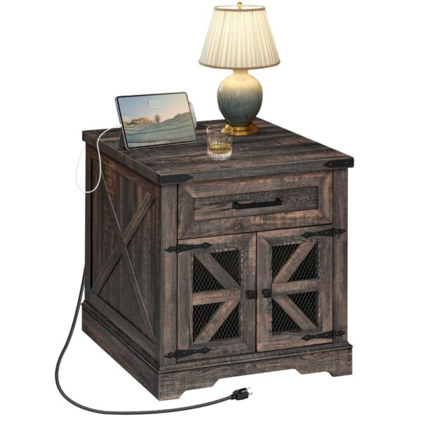 Farmhouse End Table with Charging Station, 24" Large Sofa Side Table with Drawer, Large End Table for Living Room, Wooden Nightstand with Outlet, Square, Dark Rustic Oak