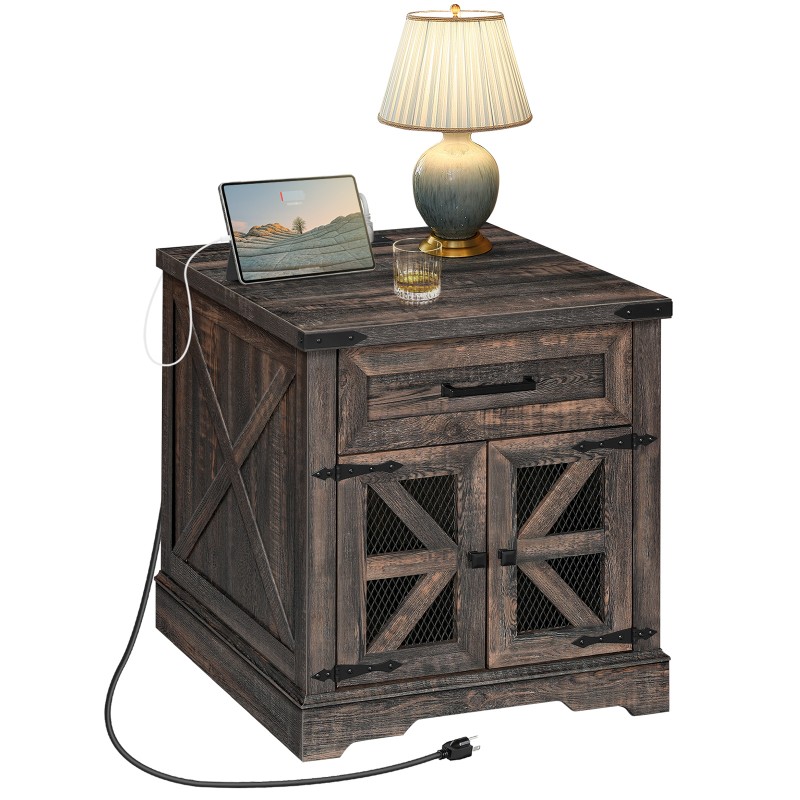 Farmhouse End Table with Charging Station, 24" Large Sofa Side Table with Drawer, Large End Table for Living Room, Wooden Nightstand with Outlet, Square, Dark Rustic Oak