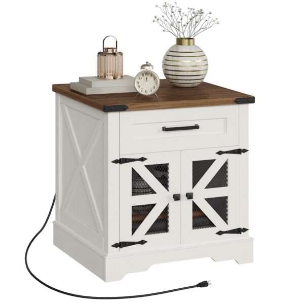 White Farmhouse End Table with Charging Station, 24" Large Sofa Side Table with Drawer, Large End Table for Living Room, Wooden Nightstand with Outlet, Square, White and Walnut