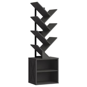 Cute Tree-Shaped 6-Tier Bookshelf, Freestanding Wooden Bookcase with 2 Storage Racks, Perfect for Living Room, Bedroom, Study & Home Office, Black