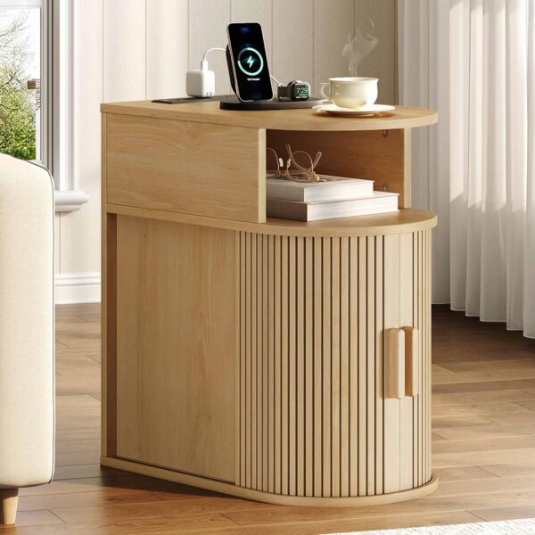 RALGEND Narrow End Table with Charging Station, Fluted Sofa Side Table with Sliding Curved Door and Storage Shelf, Mid-Century Bedside Table, Modern Nightstand for Living Room, Bedroom, Natural