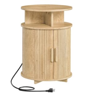 RALGEND Round Fluted End Tables, Round End Table with Charging Station, Fluted Sofa Side Table with Sliding Tambour Door and Storage, Mid-Century Nightstand for Living Room, Bedroom, Natural
