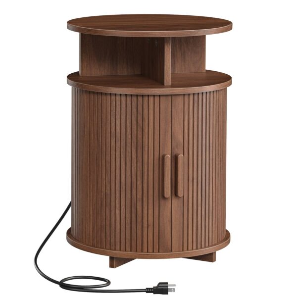 RALGEND Round Fluted End Tables, Round End Table with Charging Station, Fluted Sofa Side Table with Sliding Tambour Door and Storage, Mid-Century Nightstand for Living Room, Bedroom, Walnut
