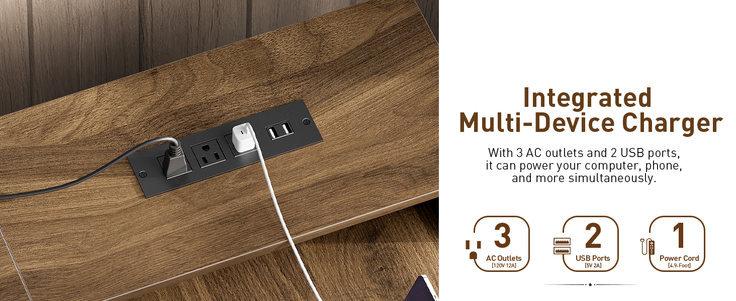 Farmhouse L-Shaped Executive Desk with Drawers, White & Walnut Corner Computer Desk with File Cabinet, Monitor Stand and Integrated Power Strip for Home Office and Study