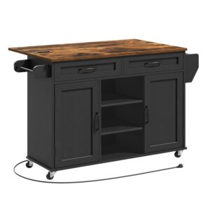 Kitchen Island with Power Outlets & Drop Leaf, Kitchen Cart with Storage, Drawer and Spice Rack, Tower Rack, Island Table, Black and Rustic Brown