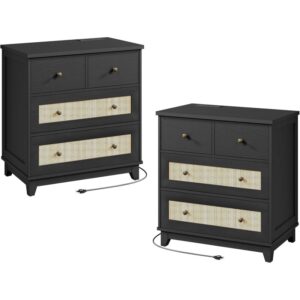 RALGEND Rattan Nightstand Set of 2, with Charging Station, 27.6 Inch Wide Boho Night Stand with 4 Drawers, Tall Bed Side Table, Large End Table for Living Room, Bedroom, Study, Black