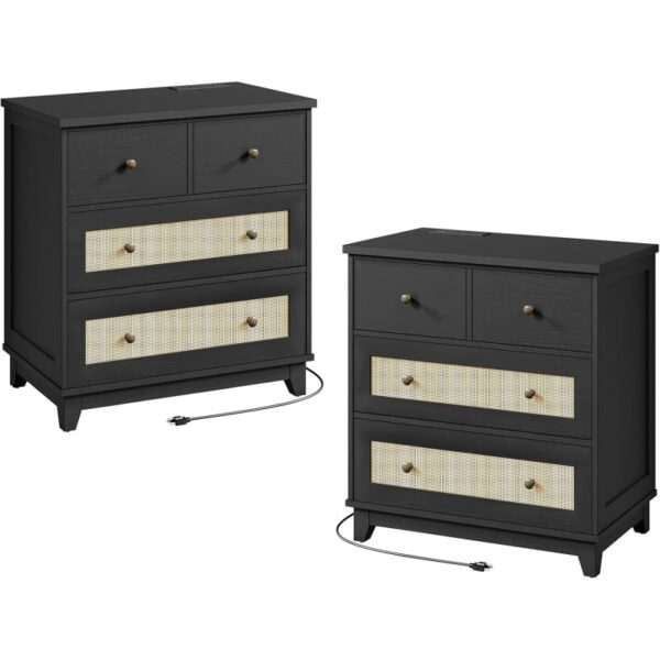 RALGEND Rattan Nightstand Set of 2, with Charging Station, 27.6 Inch Wide Boho Night Stand with 4 Drawers, Tall Bed Side Table, Large End Table for Living Room, Bedroom, Study, Black