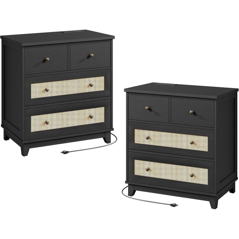 RALGEND Rattan Nightstand Set of 2, with Charging Station, 27.6 Inch Wide Boho Night Stand with 4 Drawers, Tall Bed Side Table, Large End Table for Living Room, Bedroom, Study, Black