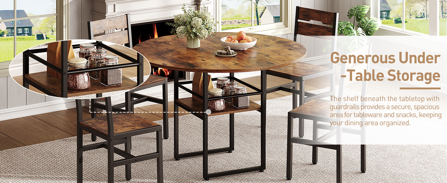 47.2-Inch Round Dining Table, Farmhouse-Style Wooden Kitchen Table with Double-Layer Storage, Space-Saving Circular Dinner Table with Metal Legs, Suitable for Dining Room, Living Room & Kitchen, Rustic Brown & Black Finish