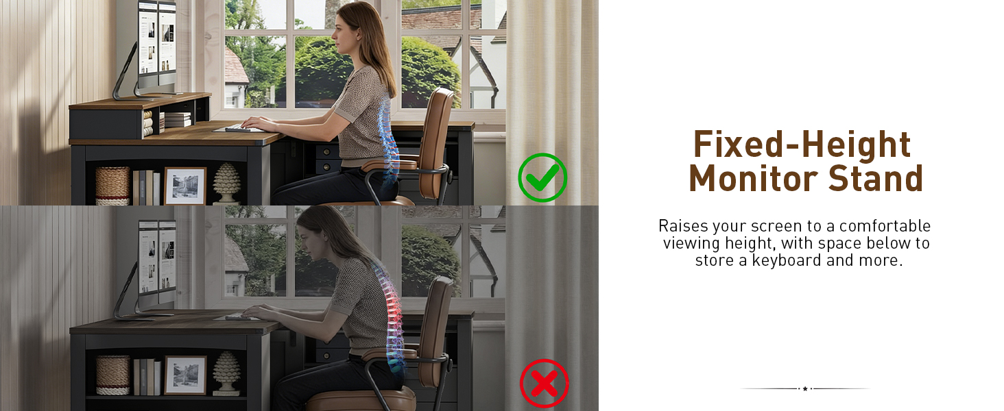 Farmhouse L-Shaped Executive Desk with Drawers, Black and Walnut 53-Inch Corner Computer Desk Equipped with File Cabinet, Monitor Stand and Power Strip, Suitable for Home Office and Study