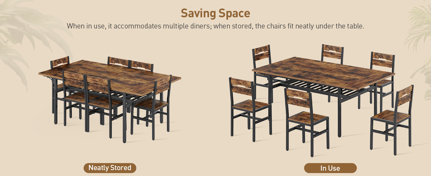 7-Piece Dining Table Set, Extendable & Foldable Dining Table with 6 Chairs, Industrial-Style Kitchen Dining Set Equipped with Storage Shelf, Metal-Frame Furniture for Dining Room, Rustic Brown & Black Finish