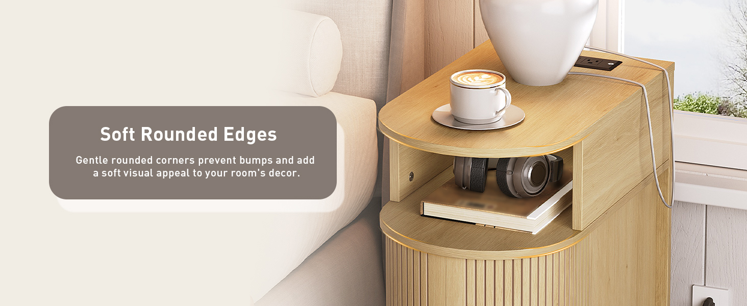 RALGEND Narrow End Table with Charging Station, Fluted Sofa Side Table with Sliding Curved Door and Storage Shelf, Mid-Century Bedside Table, Modern Nightstand for Living Room, Bedroom, Natural