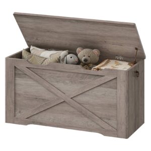 Wooden Storage Bench with Metal Hinge and Pull Handles, Multifunctional Toy Chest for Living Room, Bedroom and Entrance, Grey