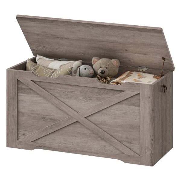 Wooden Storage Bench with Metal Hinge and Pull Handles, Multifunctional Toy Chest for Living Room, Bedroom and Entrance, Grey
