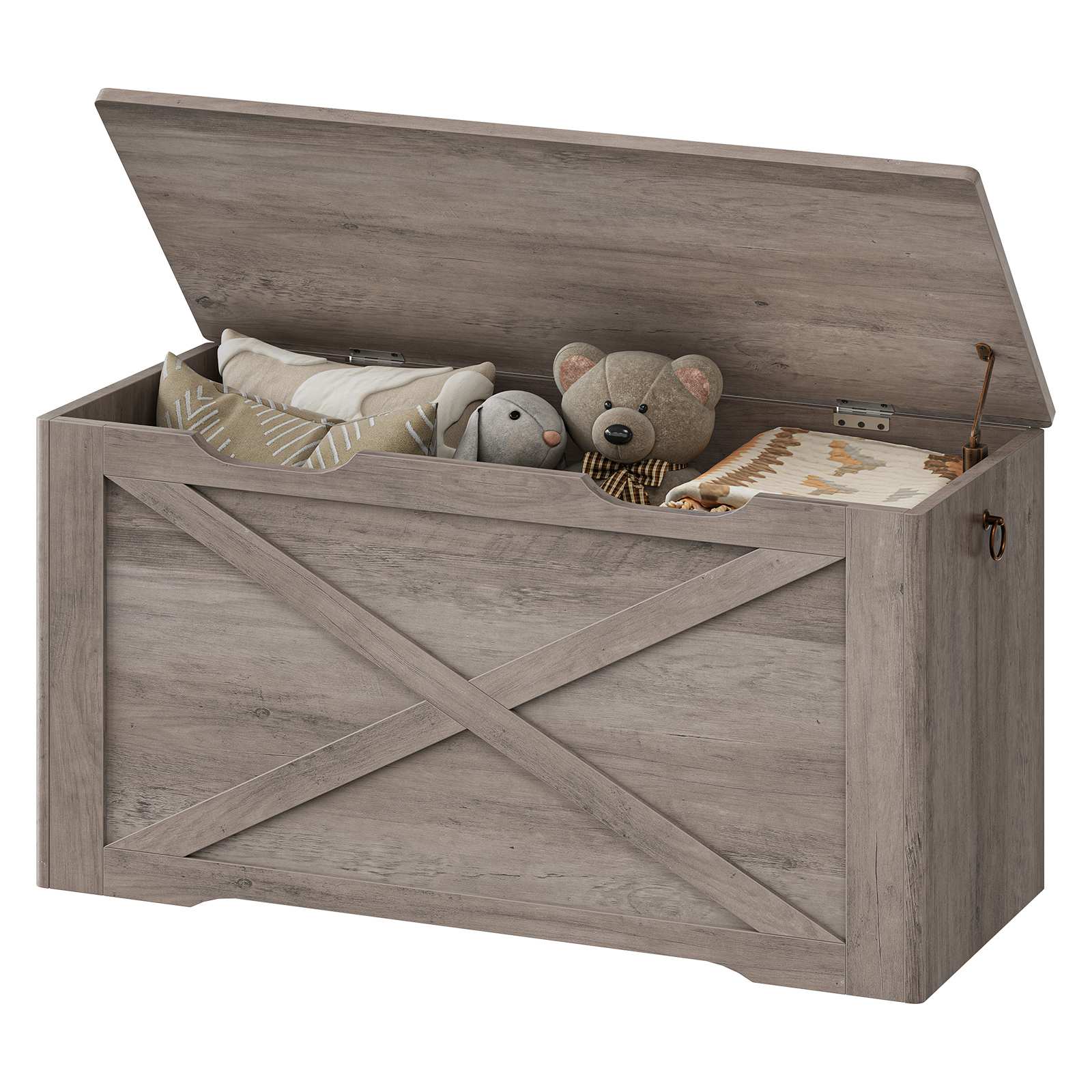 Wooden Storage Bench with Metal Hinge and Pull Handles, Multifunctional Toy Chest for Living Room, Bedroom and Entrance, Grey