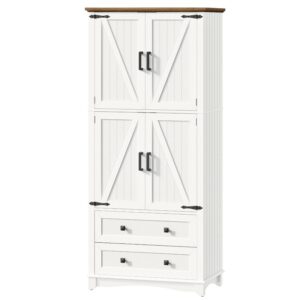69.3" Tall Pantry Cabinet with 2 Drawers and 4 Doors, Farmhouse Standing Cupboard for Kitchen, Dining Room, Living Room, White and Walnut