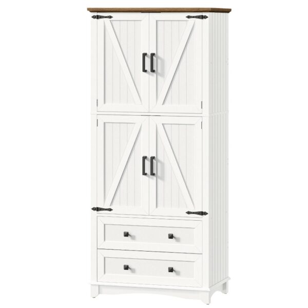 69.3" Tall Pantry Cabinet with 2 Drawers and 4 Doors, Farmhouse Standing Cupboard for Kitchen, Dining Room, Living Room, White and Walnut