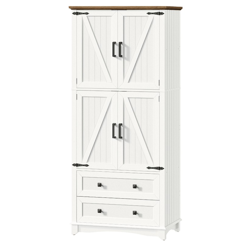 69.3" Tall Pantry Cabinet with 2 Drawers and 4 Doors, Farmhouse Standing Cupboard for Kitchen, Dining Room, Living Room, White and Walnut