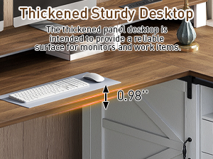 Farmhouse L-Shaped Executive Desk with Drawers, White & Walnut Corner Computer Desk with File Cabinet, Monitor Stand and Integrated Power Strip for Home Office and Study