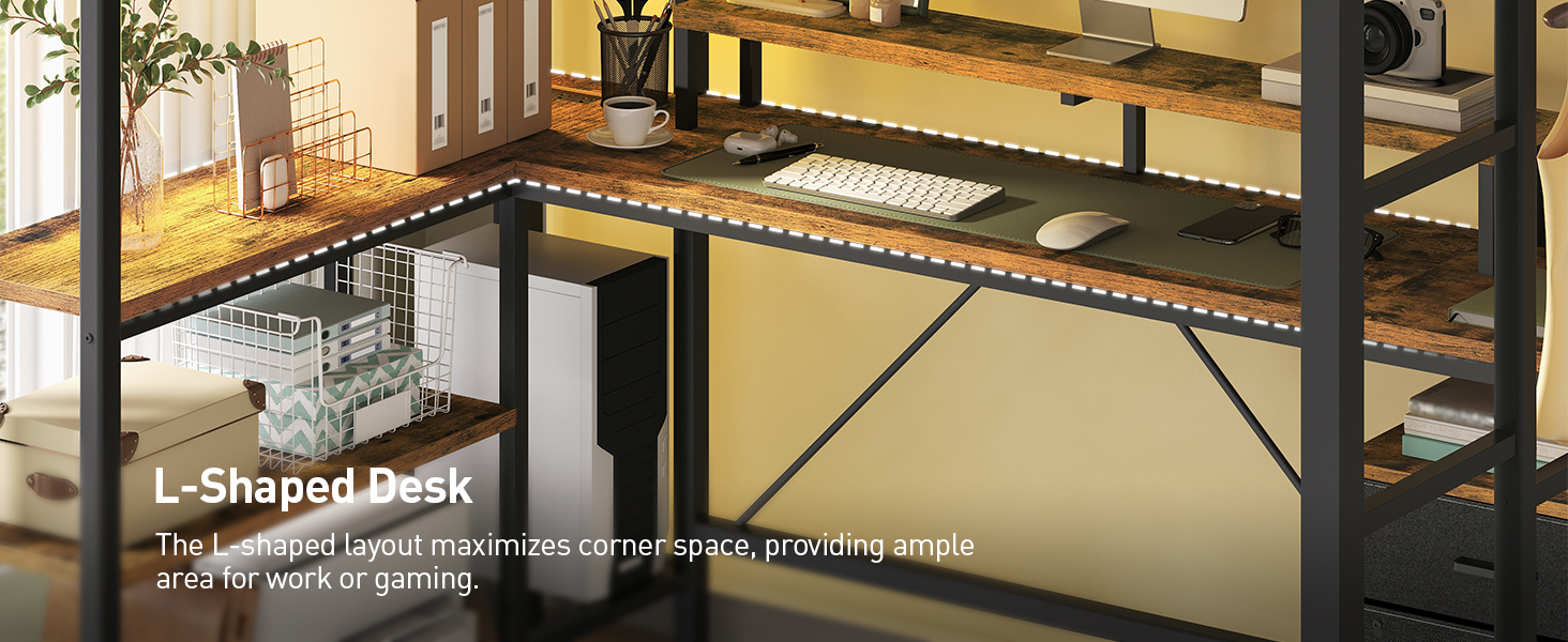 Rustic Brown Twin Size Metal Loft Bed with L-Shaped Desk, 2 Storage Drawers, Charging Station and LED Light, Equipped with Hanging Rod, Stairs and Safety Guardrail