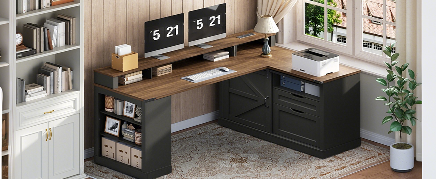 Farmhouse L-Shaped Executive Desk with Drawers, Black and Walnut 53-Inch Corner Computer Desk Equipped with File Cabinet, Monitor Stand and Power Strip, Suitable for Home Office and Study