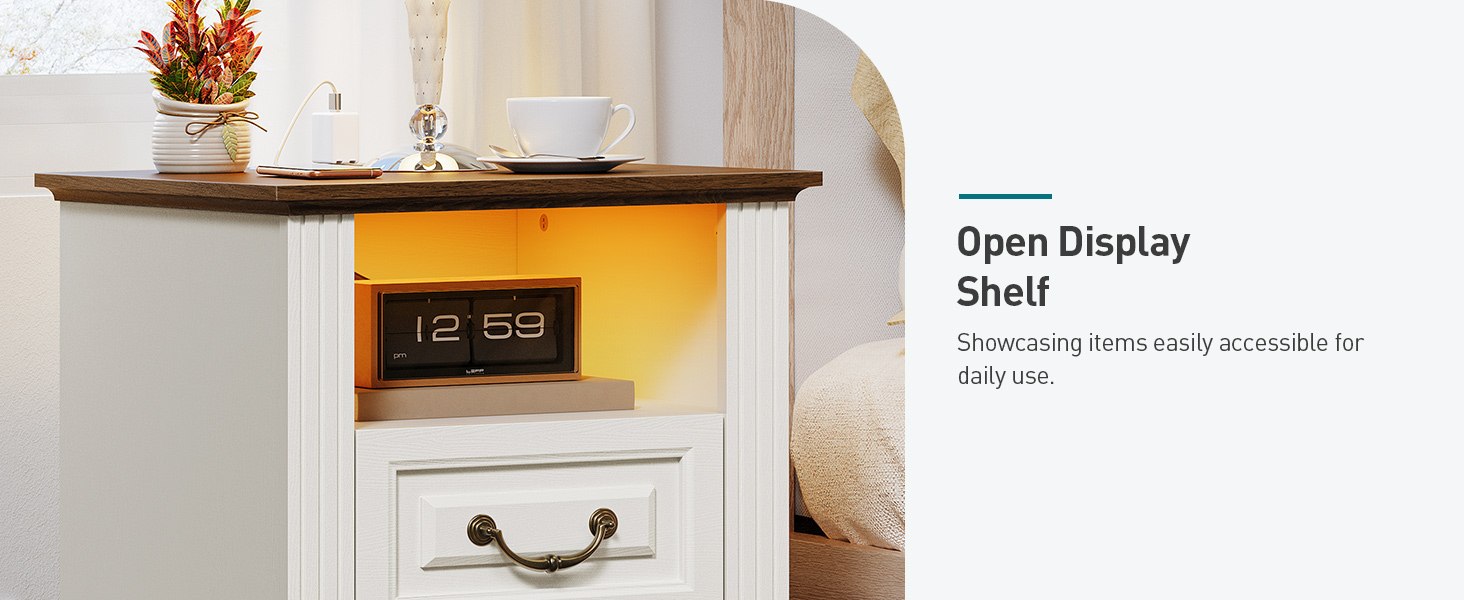 RALGEND Farmhouse End Table with 2 Drawers, Nightstand with Charging Station, End Tables Living Room with LED Lights, Bedside Table for Bedroom, Living Room, White and Walnut