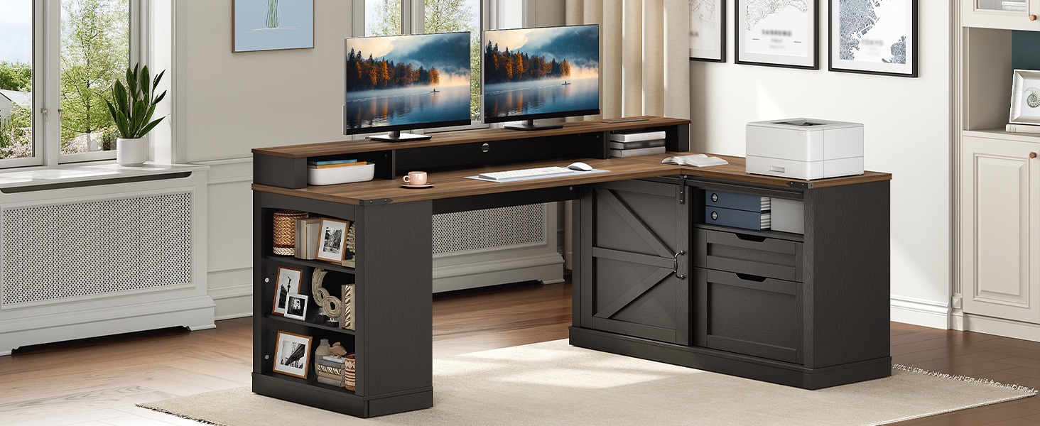 Farmhouse L-Shaped Executive Desk with Drawers, Black and Walnut 53-Inch Corner Computer Desk Equipped with File Cabinet, Monitor Stand and Power Strip, Suitable for Home Office and Study