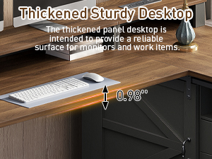 Farmhouse L-Shaped Executive Desk with Drawers, Black and Walnut 53-Inch Corner Computer Desk Equipped with File Cabinet, Monitor Stand and Power Strip, Suitable for Home Office and Study